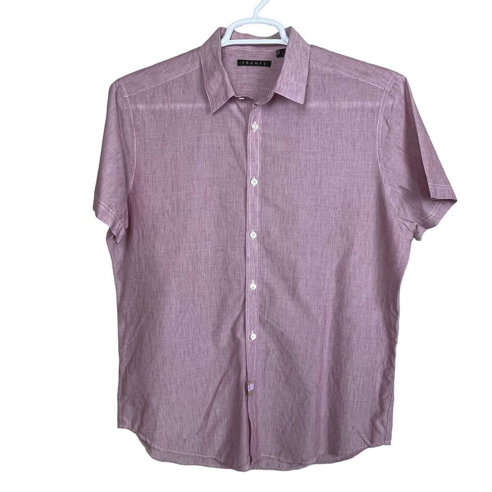 Theory Zack PS Niland Mens L Red White Stripe Cotton Linen SS Shirt Preppy